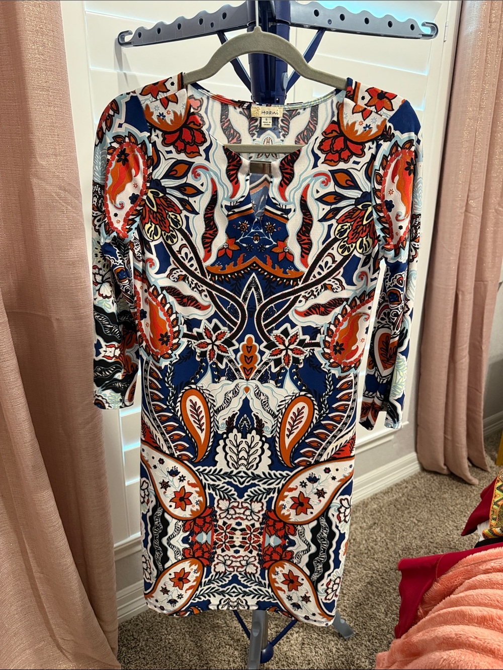 Haani Navy, Orange & White Printed Long Sleeve Shift Dress